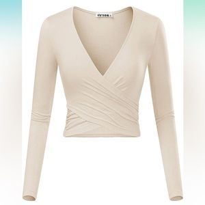 Deep V Neck Long Sleeve Slim Fit Cross Wrap Crop Shirt